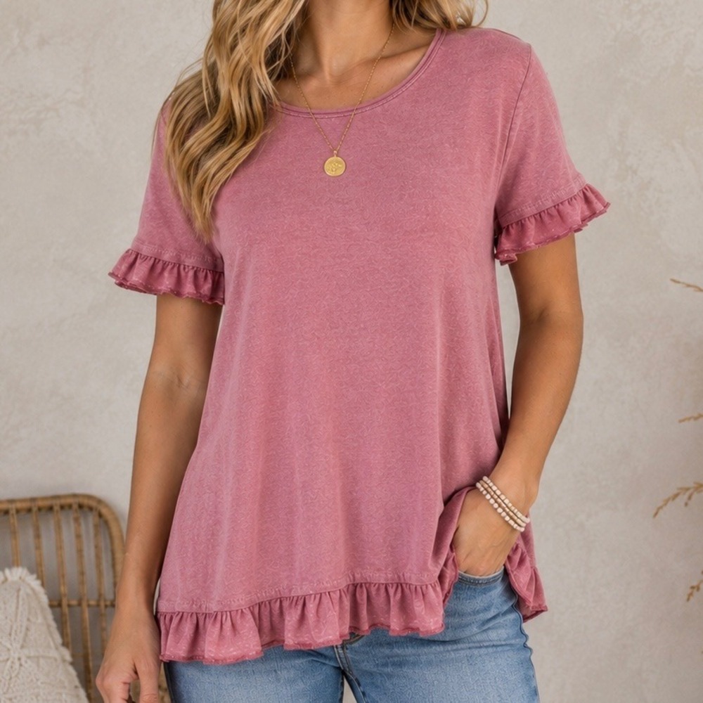 Altar'd State Women's Small Dusty Rose Ruffle Hem A-Line Short‎ Sleeve Boho Top